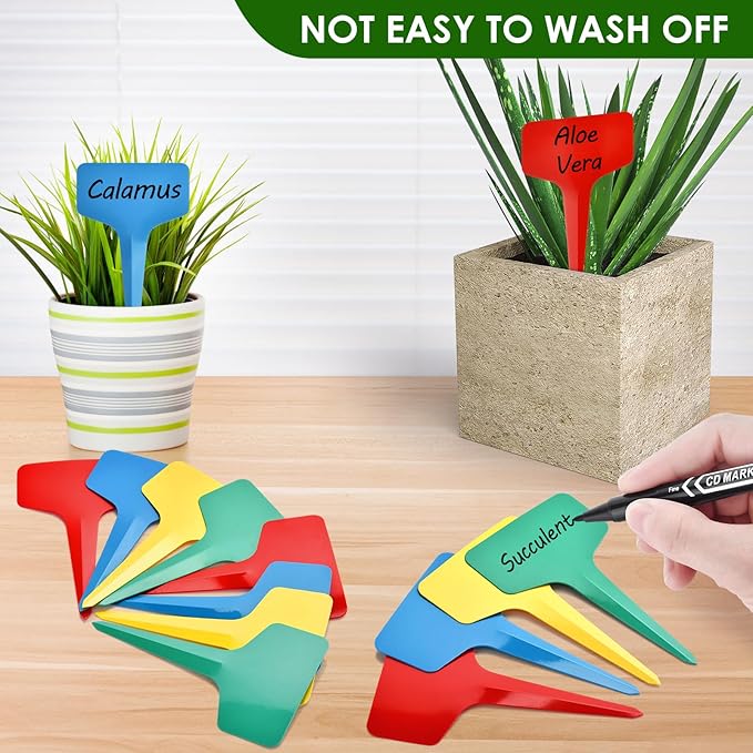 Darfukei Plant Labels 120pcs with Garden Plant Markers Pen of Outdoor Waterproof,Color T-Type Plant Tags and Permanent Marking Pen, Garden Labels Gardening Gifts for Women Men