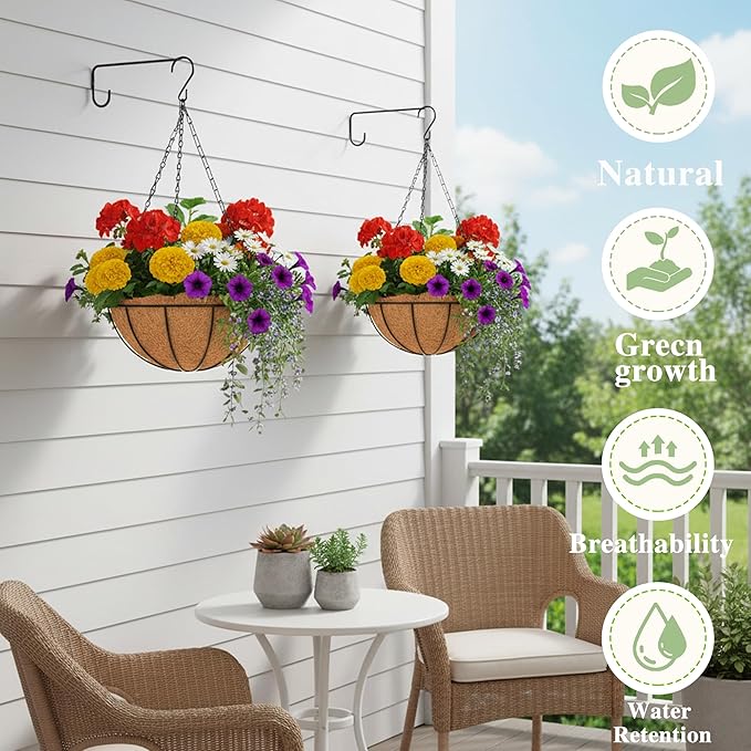 EIMQUVW Outdoor Metal Hanging Planters Basket (4pack, 16 inch) Hanging Baskets for Plants Chain Round Wire Plant Holder with Coco Fiber Liners for Garden, Patio, Deck, Porch