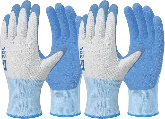 JDL Gardening Gloves for Women, 2 Pairs Breathable Latex Coated Yard Garden Gloves, Rubber Outdoor Protective Work Gloves with Grip, Blue, Medium Size