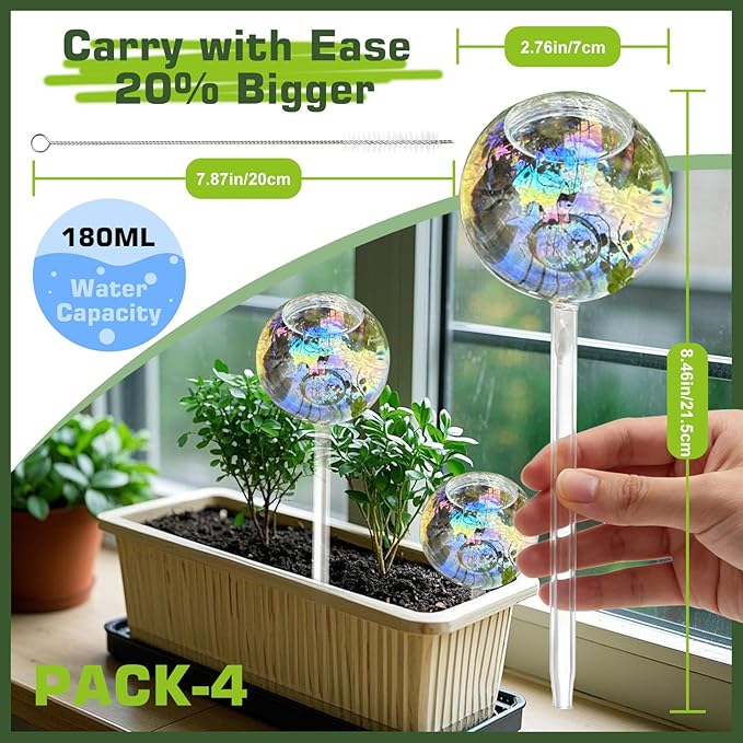 Self Watering Globes, Glass Rainbow Plant Watering Globes, Self Watering Planter Insert for Indoor & Outdoor Potted, Self Watering Planter Insert Spikes Devices for Everyday or Vacation Use, 4 Pack