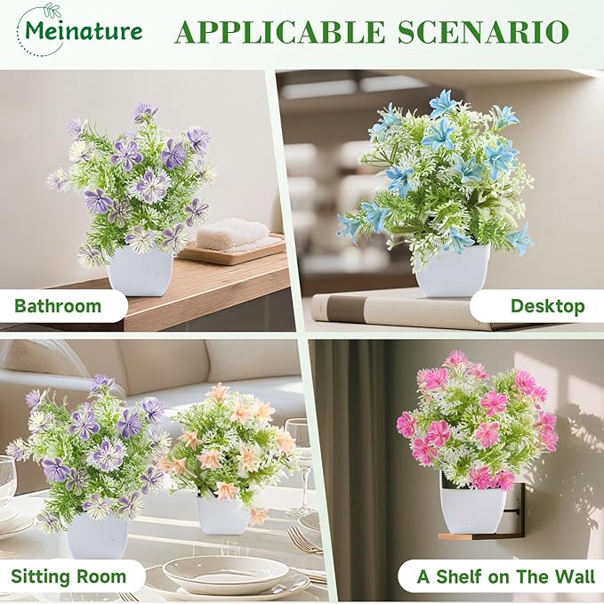 Mini Artificial Faux Plants 4 Packs, Small Fake Plants with Flowers, Black Potted Greenery for Bathroom Office Home Conference Table & Indoor Desk Decor Farmhouse Kitchen Library Restaurant