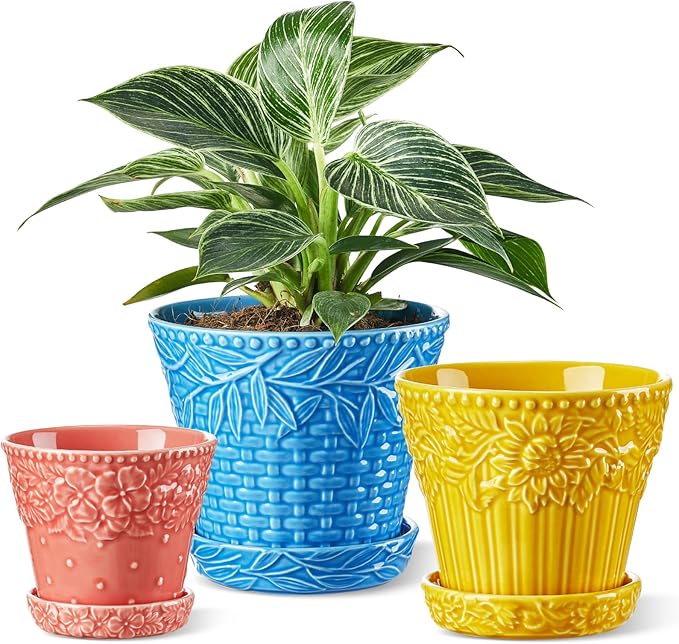 Metahom Ceramic Plant Pots, 3.8+4.9+5.8 Inch, Set of 3 Flower Pots with Drainage Hole & Saucer, Embossed Planter Pots for House Plants, Home Decor, Set of 4, Assorted Colors