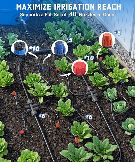 Fast-Lock Drip Irrigation System Kit for Garden Watering with 40 Adjustable Nozzles, Leak-Proof & Easy-Connect Irrigation Kit with 1/2" & 1/4" Tubing, for Greenhouse, Lawn, Indoor Pots(26FT+100FT)