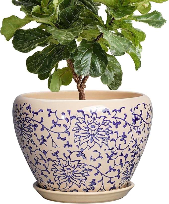 Ceramic Pots for Plants 10 Inch - Indoor Flower Pots with Drainage Hole and Tray, Decorative Pot for Indoor Outdoor Plants, Round Planters, Bathroom Decor, Gifts for Men Women, Retro Blue