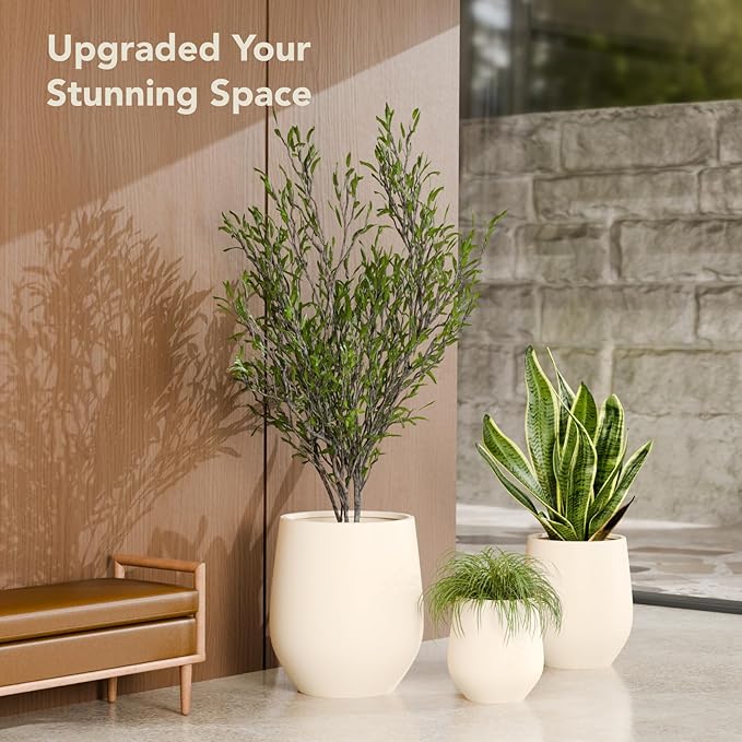 KUTE NEST 16.5" H x 15" D Premium Corso Fiberstone Round Tapered Planter with Drainage Hole, Smooth Finishes, Weather Resistant, Included 2 Extra Coco Mats (Kilim Beige, 11.5" Pot Opening)