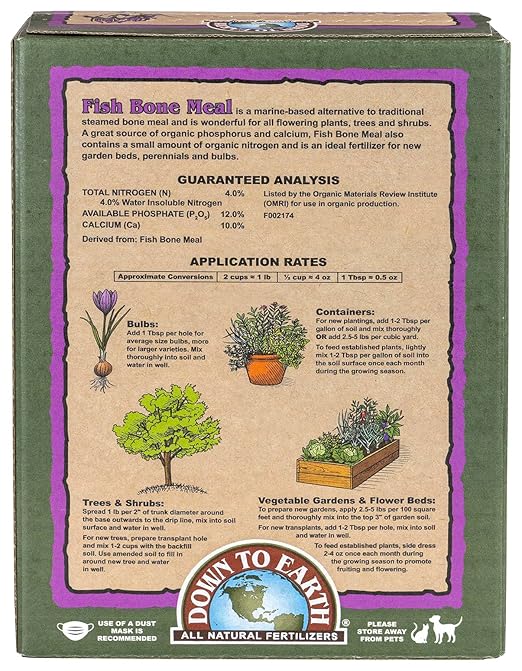 Down To Earth All Natural Fertilizers Organic Fish Bone Meal - High Phosphorus Plant Food for Buds, Bulbs, Blooms, Flower Beds 4-12-0, 5 lb