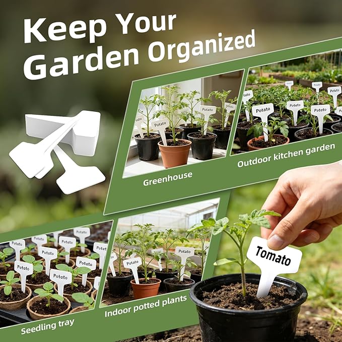 Kmosenia 100 Pcs 4" Plant Labels with Marker Pen, Waterproof T-Type Garden Tags for Seeds, Flowers, Vegetable Seedlings, Plastic Nursery Markers for Outdoor & Indoor Gardening Organization
