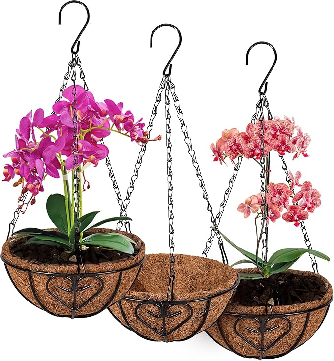 QCQHDU 3 Pack 8 inch Metal Hanging Orchid Baskets for Plants Outdoor, Hanging Orchid Planter Basket with Coco Liners, Orchid Pots with Holes for Garden, Patio, Deck, Porch Plants(Love)