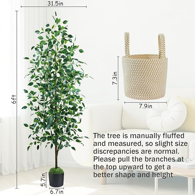 Caxchiling Fake Ficus Tree 6FT, Artificial Tree with Pot for Indoor Outdoor, Lifelike Faux Floor Plants with Moss Topper and Cotton Basket, Home Office Living Room Bedroom Doorway Hallway Decor