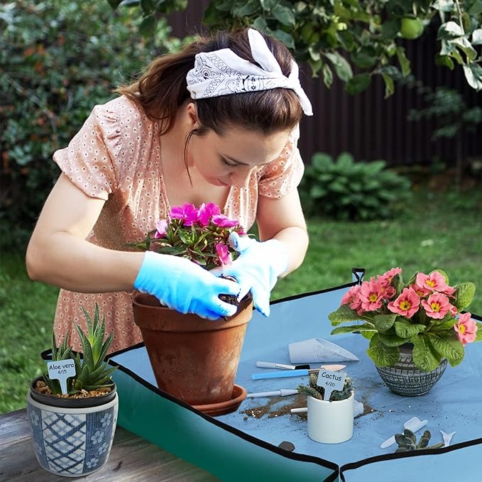 20pcs Small Gardening Tools Gifts for Women Beginners - Garden Hand Tools Set for Indoor Succulent Bonsai Plants Transplanting, Included 39.4" Plant Repotting Mat/Miniature Shovel/Labels, Blue
