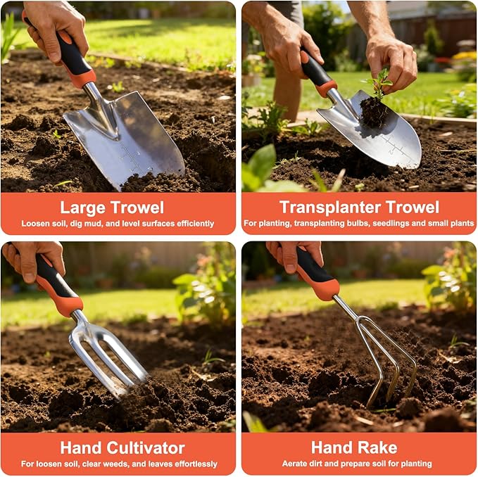 Yesker Gardening Tools 7-Piece Heavy Duty Garden Tool Set Gardening Supplies Gifts for Women Men Gardening Hand Tool Kit with Non-Slip Ergonomic Handle, Garden Bag, Pruning Shears, Black Orange