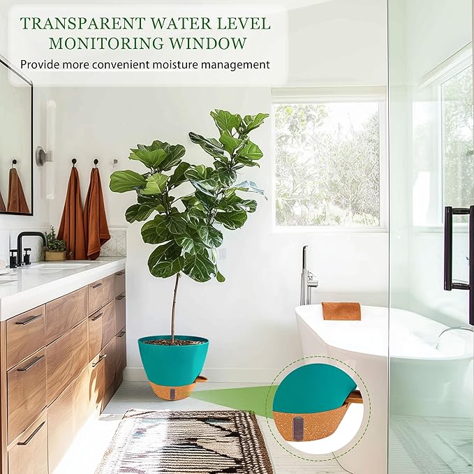 8/10/12 Inch Self Watering Pots for Indoor/Outdoor Plants - Large Plastic Planter with Drainage Holes, Water Level Indicator & Deep Reservoir, Modern Decorative Flower Pots (Turquoise)