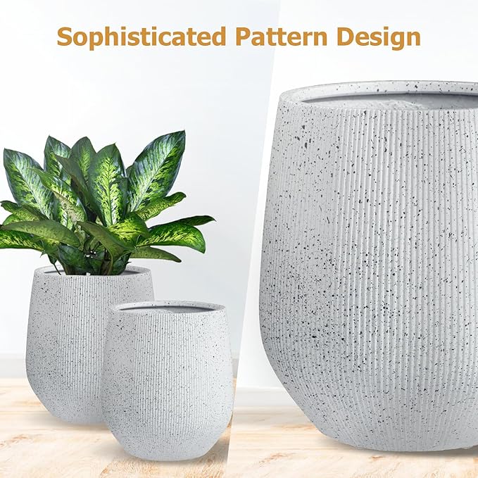 KUTE NEST 12.5" H x 11.5" D Premium Ribbed Corso Fiberstone Round Tapered Planter with Drainage Hole, Weather Resistant, Included 2 Extra Coco Mats (Ribbed Speckled White, 9" Pot Opening)