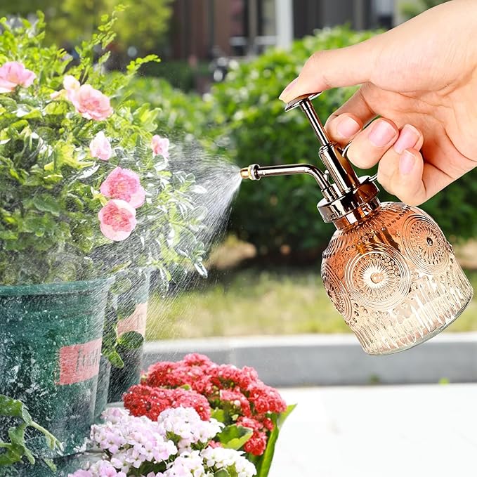 Glass Plant Mister Spray Bottle, 230ML Vintage Plant Spritzer, Succulent Watering Bottle Glass with Top Pump, Small Plants Sprayer Watering Can for Indoor Outdoor House(Brown White)