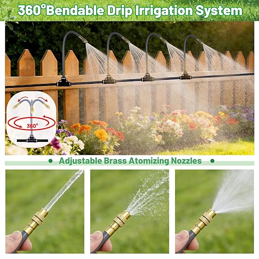 360° Adjustable 1/4" Drip Irrigation System,Bendable Watering Misting Irrigation System, Garden Watering Atomizing System with 15 Nozzles, Automatic Irrigation System for Garden