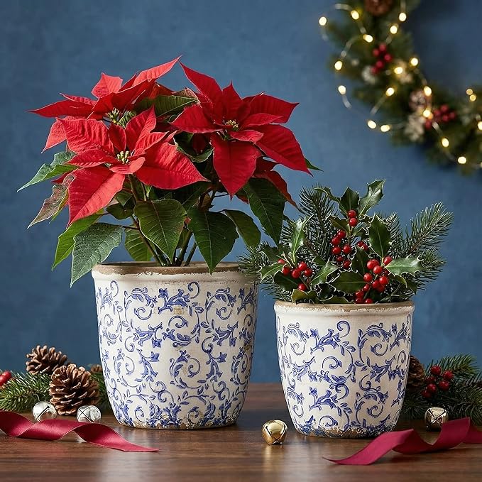 Teweiqi Vintage Ceramic Planter Without Drainage Hole, 6.5 Inch - Indoor/Outdoor Flower Pot for Orchids, Succulents, Blue Floral Rustic Farmhouse Plant Pot for Home, Office & Garden Décor, Ideal Gift