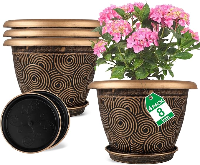 Fodetyff 8 Inch Flower Pots Planters for Indoor Outdoor Plants, 4 Pack Plastic Small Plant Pots with Drainage Hole & Tray, Modern Decorative Garden Pot with Saucer, Plant Container for House