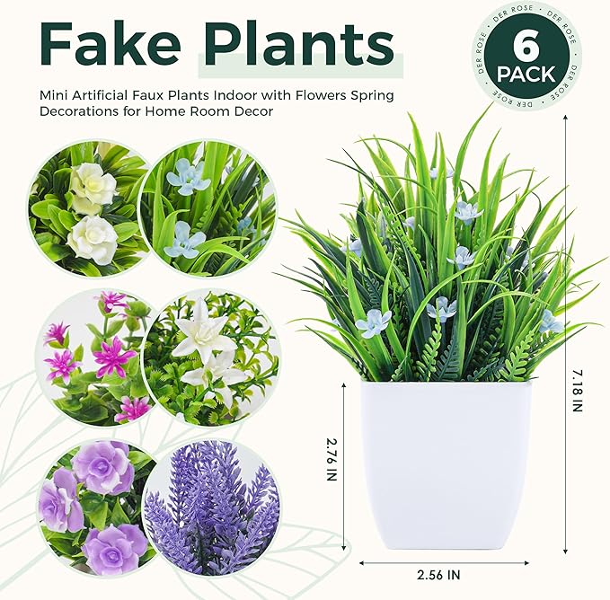 Der Rose 6 Pack Fake Plants Small Artificial Potted Faux Plants with Flowers for Home Bathroom Living Room Office Decor Indoor