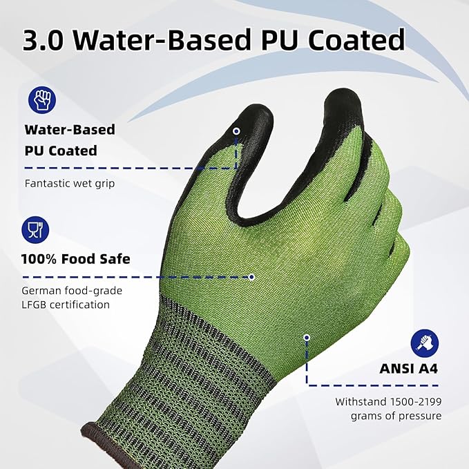 Schwer 12 Pairs A4 AIR-SKIN Cut Resistant Work Gloves AR5907 with Extreme Lightweight & Thin, Food Grade Gloves with Water-Based PU Coating, Grip Glove for Fishing, Gardening, Touchscreen
