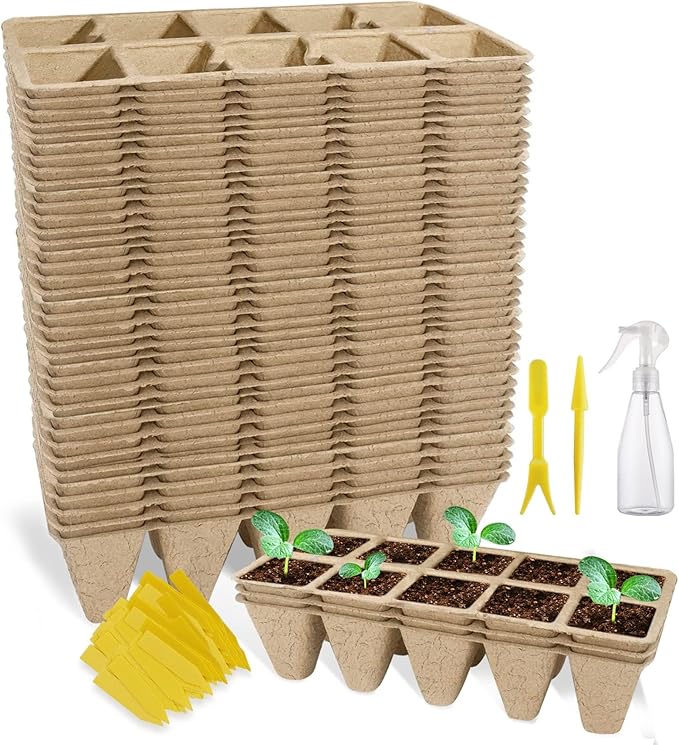 SYITCUN 400 Cells Seed Starter Tray, 40 Pack Biodegradable Seed Starter Kit, Peat Pots for Seedlings with 400 Plant Labels, 2 Seed Planting Tool and 1 Spray Bottle
