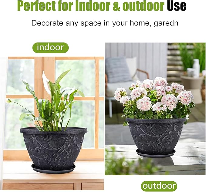Nooulap 4 Pack 10 Inch Plant Pot for Outdoor Indoor, Plastic Flower Pots with Drainage Hole & Saucer, Lightweight Small Resin Flower Pot, Imitation Magnolia Planter Pots for Garden House（Gray）