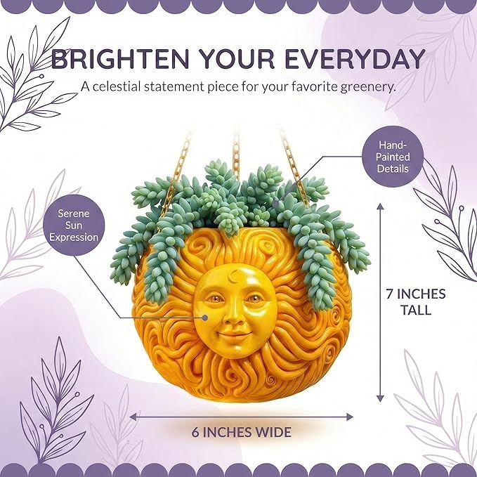 Nebula Colors Fun & Unique Sun Face Hanging Planter Quirky Celestial Decor for Plant Lovers – Indoor Outdoor Flower Basket for Succulents & Small Plants – Decorative Garden Yard Art