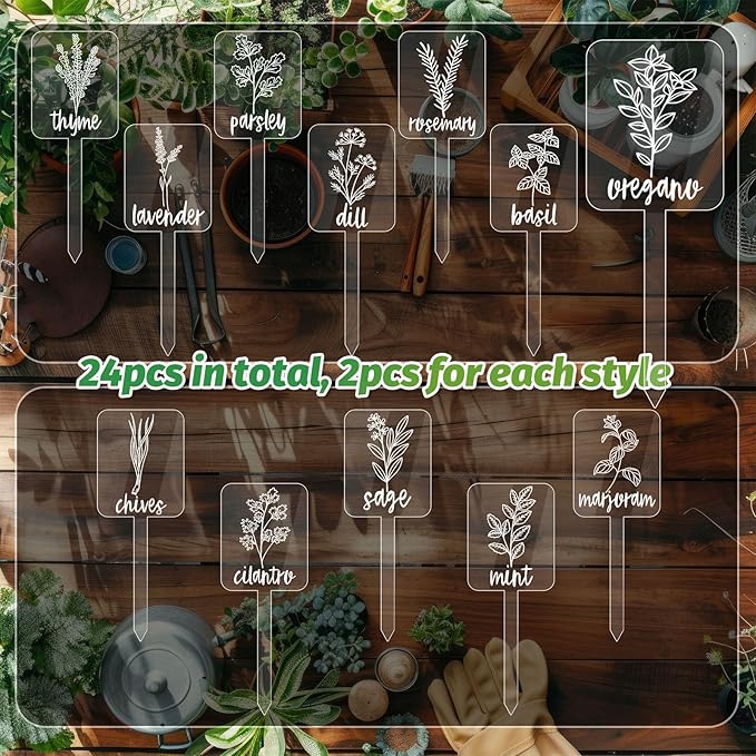 Whaline 24Pcs Acrylic Plant Label Signs 12 Styles Planted Herb Garden Markers Transparent Waterproof Plant Stake Tags with Herb Names for Nursery Indoor Outdoor Garden Decoration