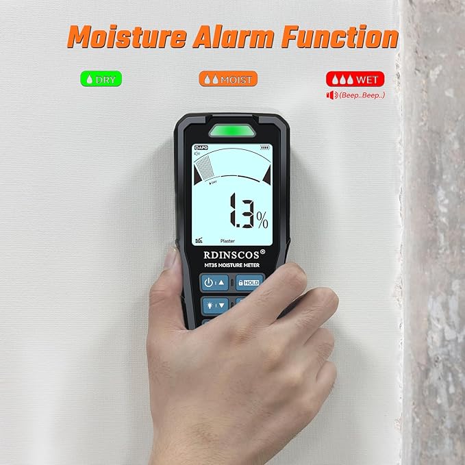 Pinless Moisture Meter for Drywall & Concrete – Digital Drywall Moisture Tester with 3-Color LCD Display, Audible Alarm & HOLD Function – Ideal for Firewood, Lumber, Home Inspections (Black)