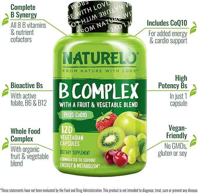NATURELO Vitamin B Complex,120 Capsules, Vegan, CoQ10, Methyl Folate, Biotin, Fruit & Veg Blend, Supports Energy and Healthy Stress Response, Super B Complex Vitamins for Women and Men