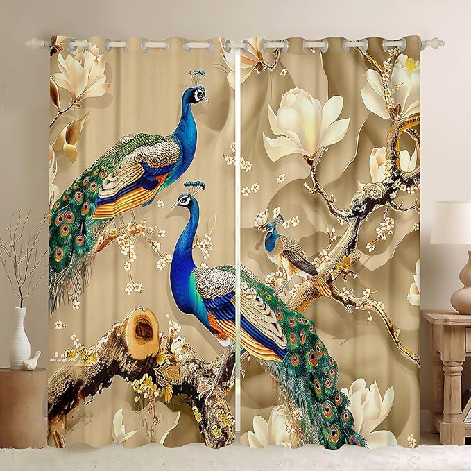 Feelyou Peacock Window Curtains Bedroom Living Room Peacock with Floral Window Drapes Kids Room Decor Adults Girls Animals Curtains Botanical Window Treatments 52W X 63L,2 Panels