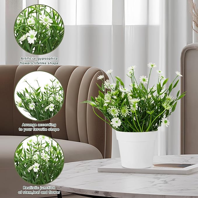 Fake Plants Daisy for Bathroom Decor, Small Potted Artificial Plants Indoor for Shelf Desk Home Bathroom Farmhouse Room Coffee Table Decor, White (Pack of 2)