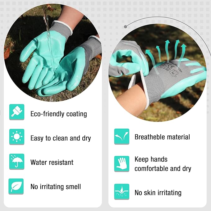 HAUSHOF 6 Pairs Garden Gloves for Women, Nitrile Coated Working Gloves, for Gardening, Restoration Work, Medium, Pink & Green, M