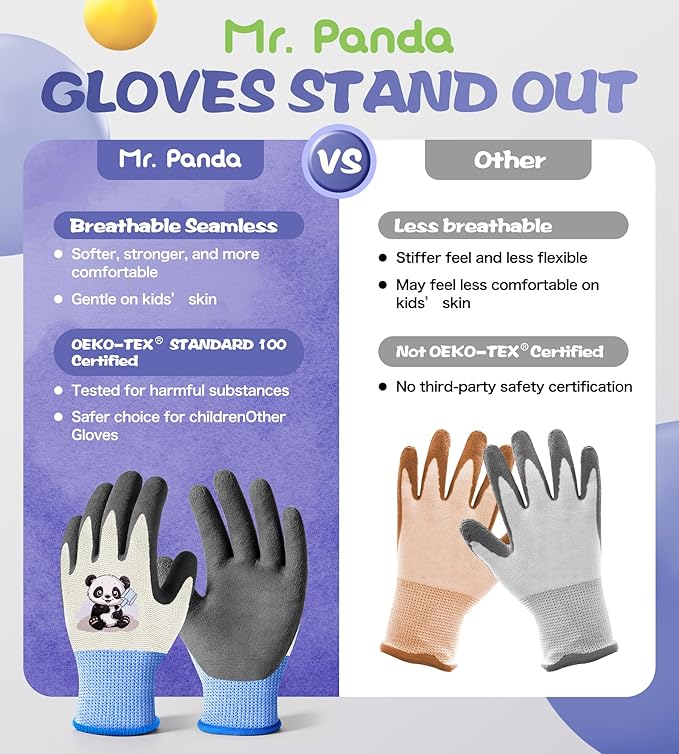 Mr. Panda 3 Pairs Skin-Friendly Big kids gardening gloves for Age 8-10, Rubber Coated childrens garden gloves, toddler work gloves, XS