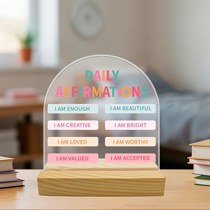 Inspirational Positive Daily Affirmations Plaque, Arched Acrylic Sign with, Encouragement Self Love Gifts for Women, Motivational Desk Decor for Home Office, Uplifting Gift for Family Friends (4"x4")