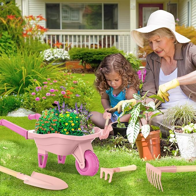 Qtioucp Kids Gardening Set with Wheelbarrow, Real Metal Garden Tools for Kids Ages 3-8, 4 Long Handle Tools, 3 Hand Tool, Gloves, 5 Stickers, Handbook, Outdoor Backyard Toys for Toddler Gift