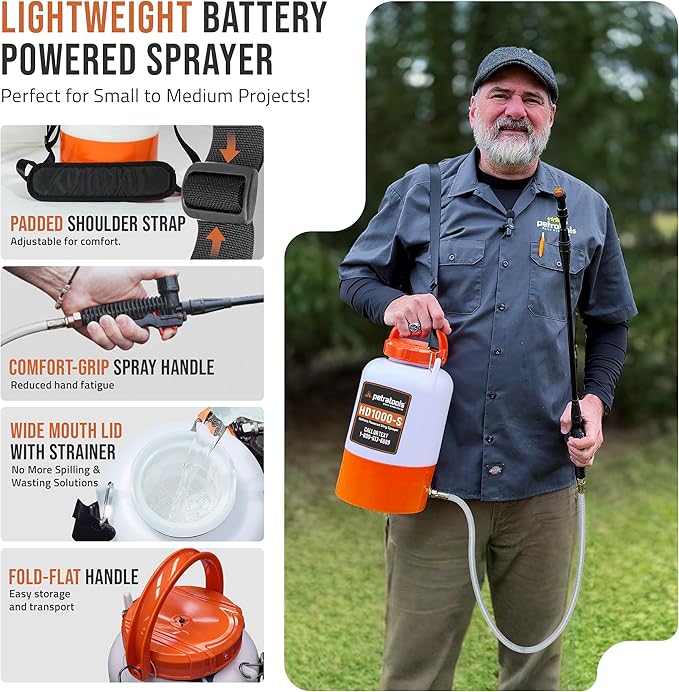 PetraTools Battery Powered Sprayer 1 Gallon - HD1000-S - Heavy Duty Electric Sprayer for Lawn and Garden Weed/Pest Control, Watering - with Battery, Charger & 2 Nozzles (1 Gallon)