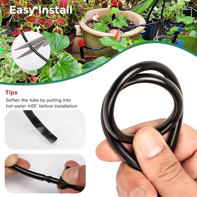 Maotong 100FT 1/4 inch Drip Irrigation Tubing Distribution Hose Tube for Garden Irrigation System (Includes 1 pack 6-Way Connector and 20pcs 1/4" Tee Splitters and End Plugs)