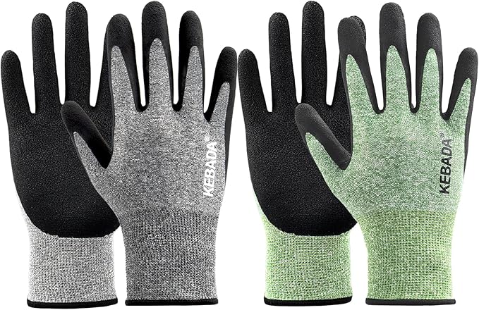 Kebada Gardening Gloves for Men, 2 Pairs Breathable Garden Gloves, Foam Latex Coated, Stretchable Knitting General Duty Work Gloves, Made from Recycled PET Bottles,Green & Gray, Large
