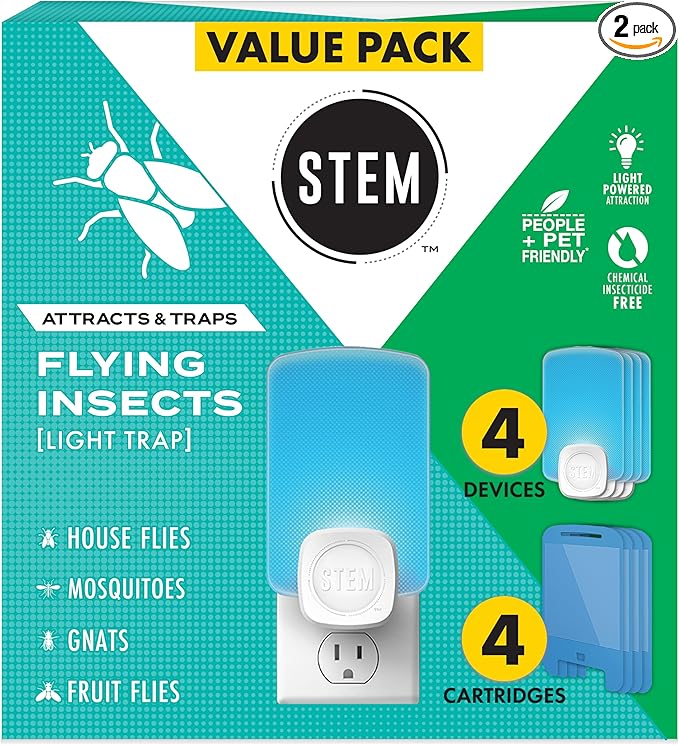 STEM Flying Insect Trap - Indoor Fruit Fly & Gnat Catcher for Home, Kitchen & Any Room, Attracts & Traps Bugs, Soft Blue UV Light - Includes 2 Plug-in Devices & 2 Cartridges (Pack of 2)