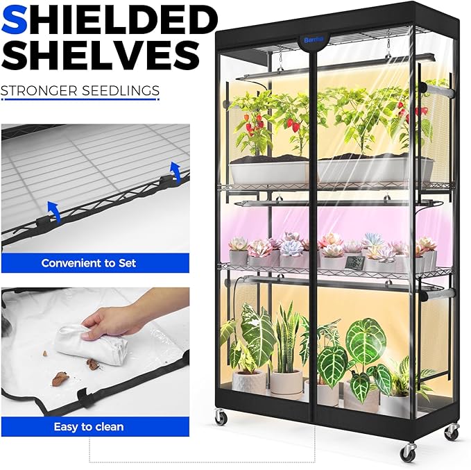 Barrina LP900 Mini Greenhouse with Grow Lights, 4-Tier Plant Stand with135W TX-S45 3FT 3 Dimmable Full Spectrum Lights , Plant Shelf with Tent Timer & Thermometer for Seed Trays 35.4 x 13.8 x 59.1IN