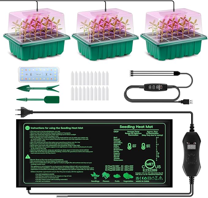 Verdenu 3PK Seed Starter Tray with Grow Lights and Tempe-Control Heat Mat, 36-Cell Large Seedling Starter Kit with Humidity Dome, Adjustable LED Lighting for Seed Germination,Temperature Adjustable