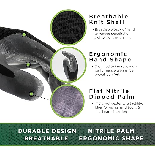 SHOWA Atlas 370B Professional Nitrile Work Gloves, Breathable High-Dexterity Precision Grip for Landscaping, Gardening & Assembly, General Purpose Gloves, Black, Medium, 12-Pack