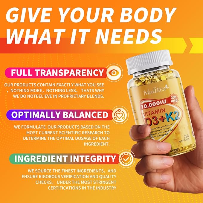 Plant-Based D3 K2 Vitamin 10000 IU w/ Virgin Coconut MCT Oil - 200 mcg MK7 Vitamin K2, Non-GMO for Ultimate Absorption - Bone, Immune & Heart Health - Easy to Swallow D & K Supplement - 250 Softgels