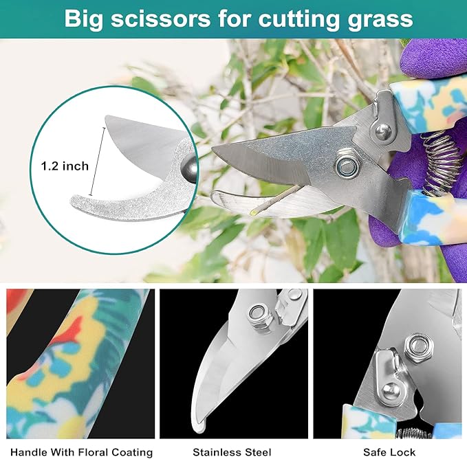 Tbltaca Garden Tool Set, Stainless Steel Heavy Duty Gardening Tools 30 PCS w/Floral Print, Trowel Rake Weeder Pruner Shears Sprayer Digging Claw Gloves, Ideal Gardening Set for Women