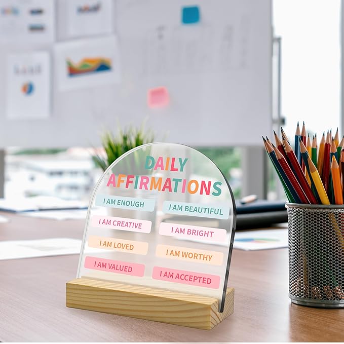 Inspirational Positive Daily Affirmations Plaque, Arched Acrylic Sign with, Encouragement Self Love Gifts for Women, Motivational Desk Decor for Home Office, Uplifting Gift for Family Friends (4"x4")