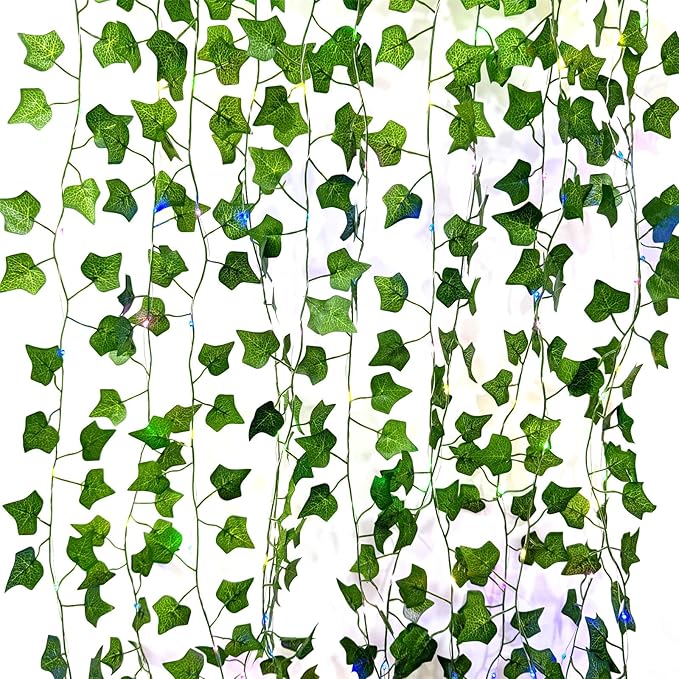 6 Pcs Artificial Hanging Plants Sweet Potato Leaf Vine with 60 Colored Lights,Fake Plant Vine Hanging Garland for Wall,Party Wedding, Home,Kitchen,Indoor and Outdoor Decoration (Creeper Vine Leaves)