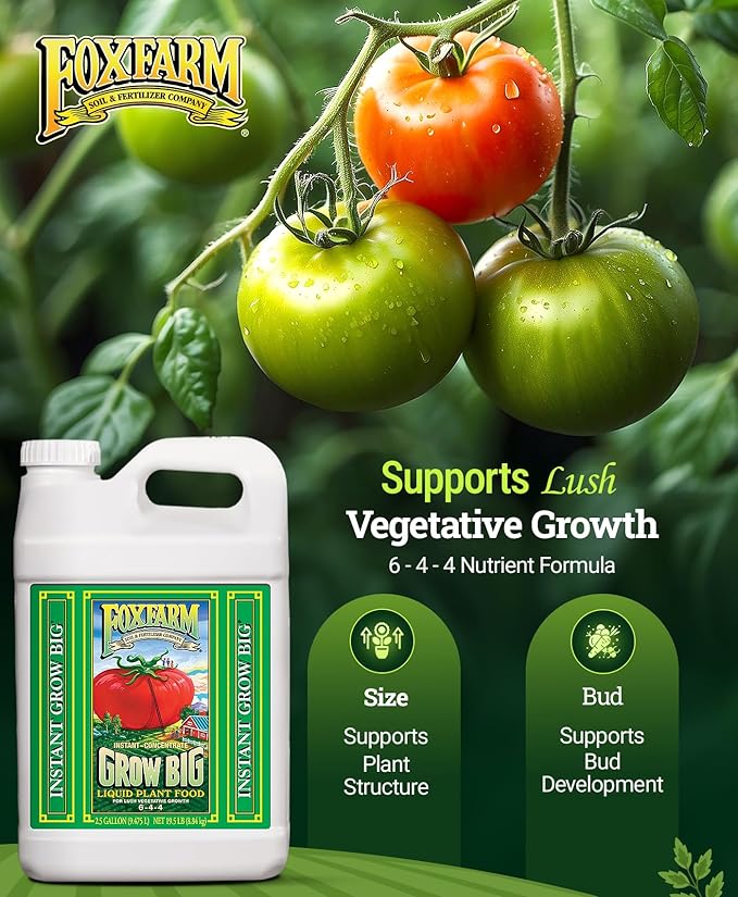 FoxFarm Grow Big Liquid Plant Food - 6-4-4 House Plant Fertilizer for Lush Vegetative Growth, Fast Nutrient Uptake for Roses, Tomatoes & Veggies - 2.5 Gallon Size Concentrate