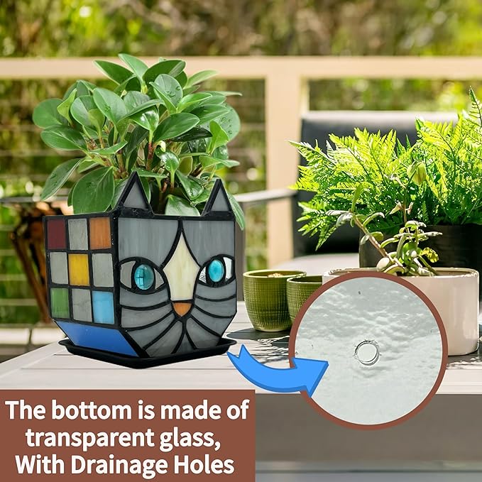 Unique Stained Glass Gray Cat Planter, Plant Pots Indoor,Indoor Flower Pots with Drainage,Window Sill Cat Decoration Gift,4.6x5.15x3IN