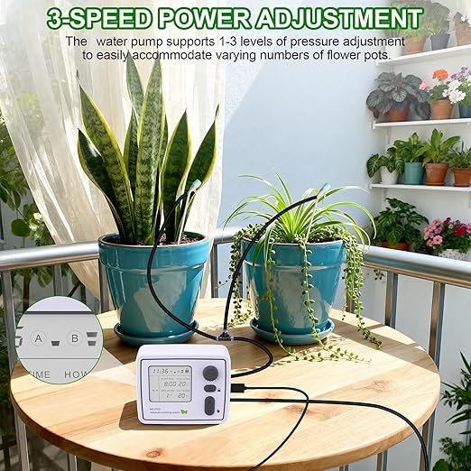 BZONE Dual Channel Automatic Watering System, Timer Drip Irrigation Kit for 20 Potted Plants, with Adjustable Programs & 3 Power Levels, 20 Emitters, 15M Hose for Indoor/Outdoor Garden