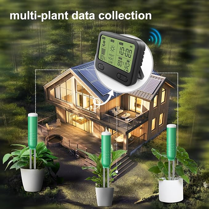 4-in-1 Soil Meter for Plants, Wireless Remote Monitor for Temperature Moisture Light Timing in One Board, Use for Garden Pot Turf lawns Farms greenhouses（1 Meter and 2 Sensior）, Black